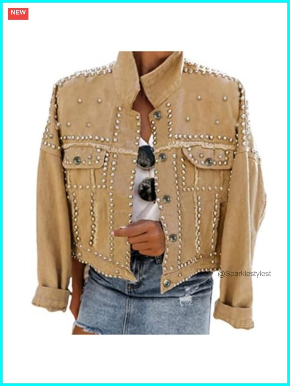 Studded Denim Jacket Frayed Cropped Western Faux Pearl Beaded Trucker